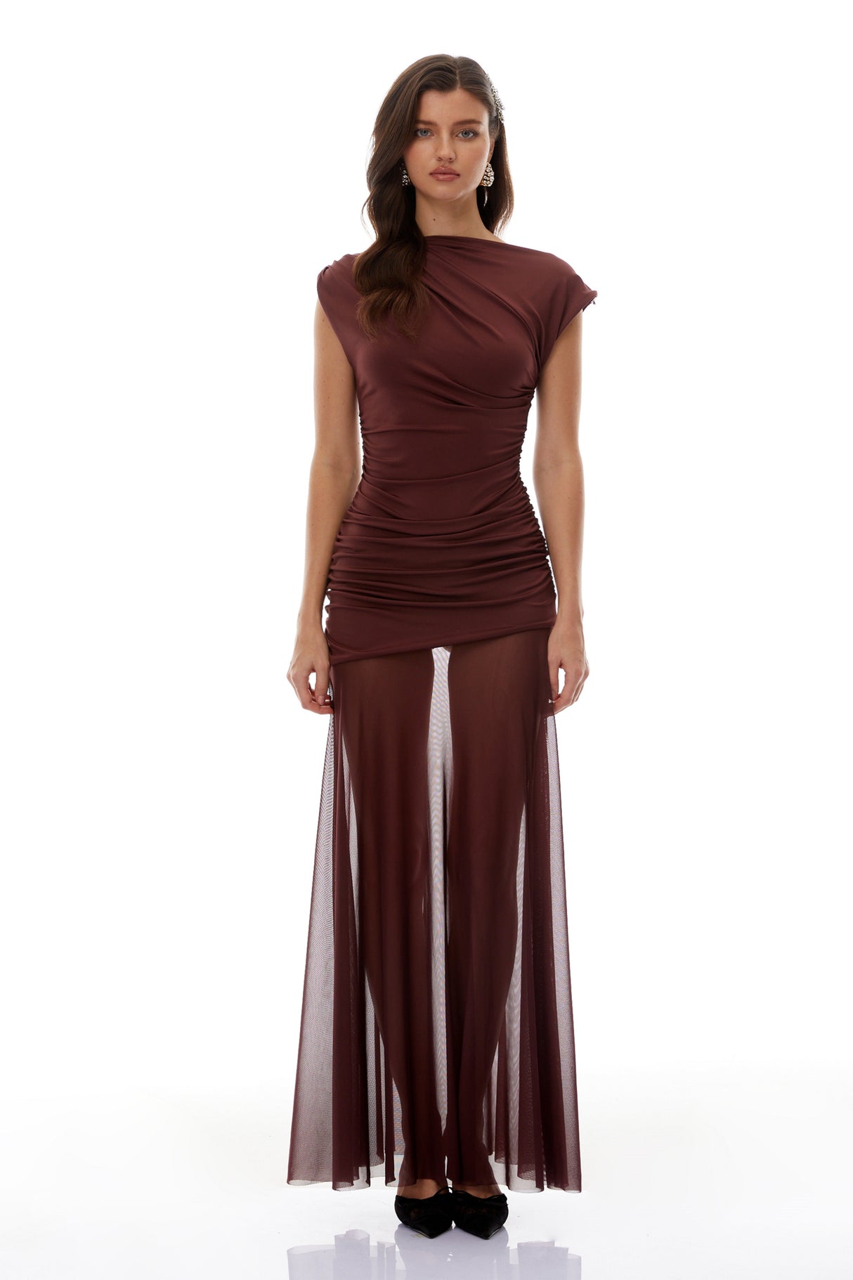 Aurohaya Seren Brown Ruched Tulle Panel Maxi Dress