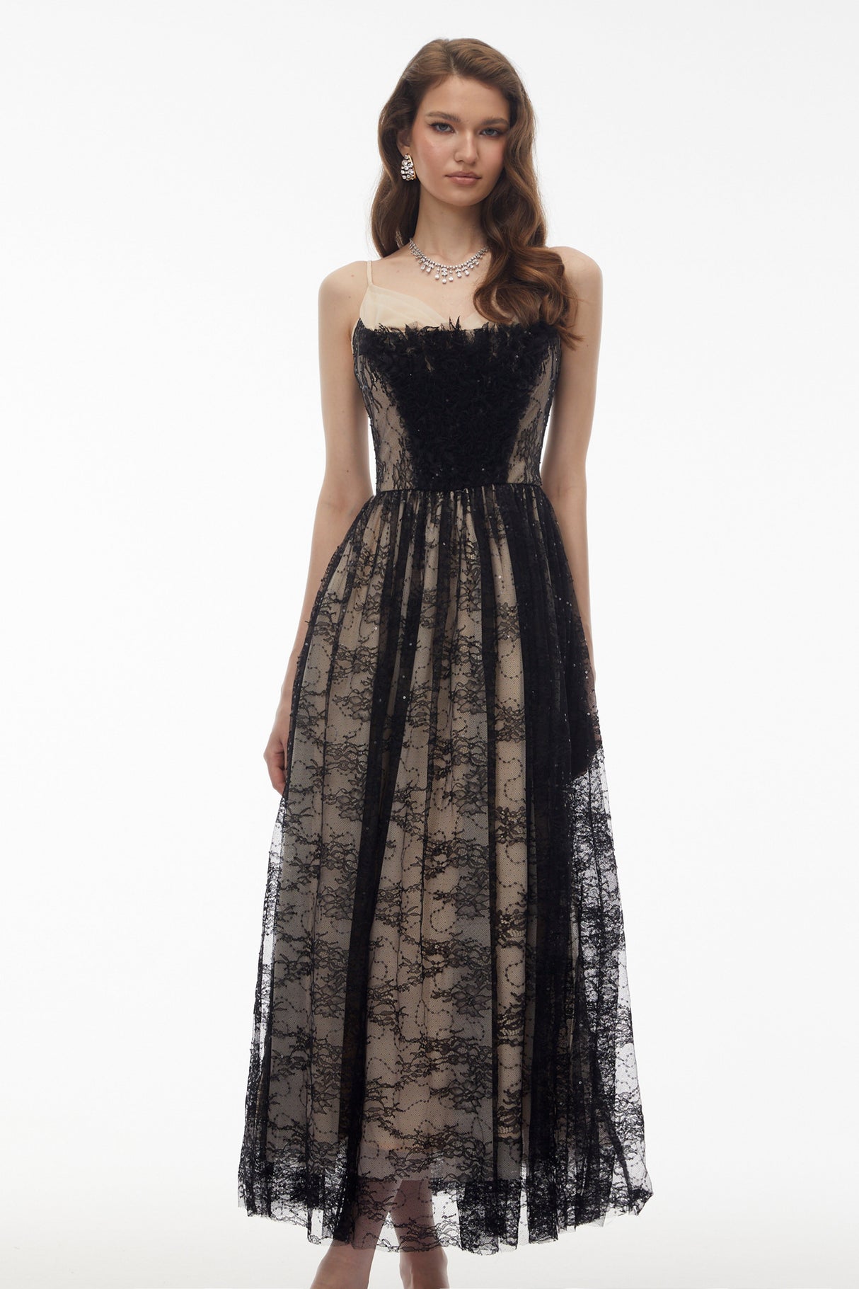 Aurohaya Severine Black Floral Lace Tulle Maxi Dress