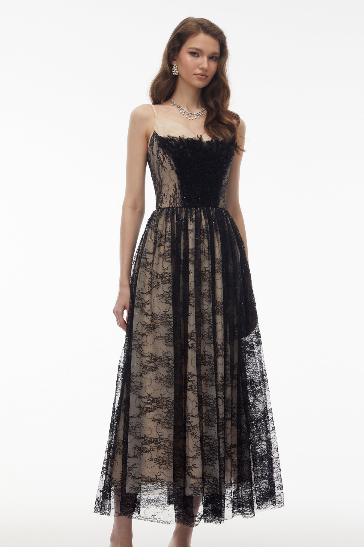 Aurohaya Severine Black Floral Lace Tulle Maxi Dress
