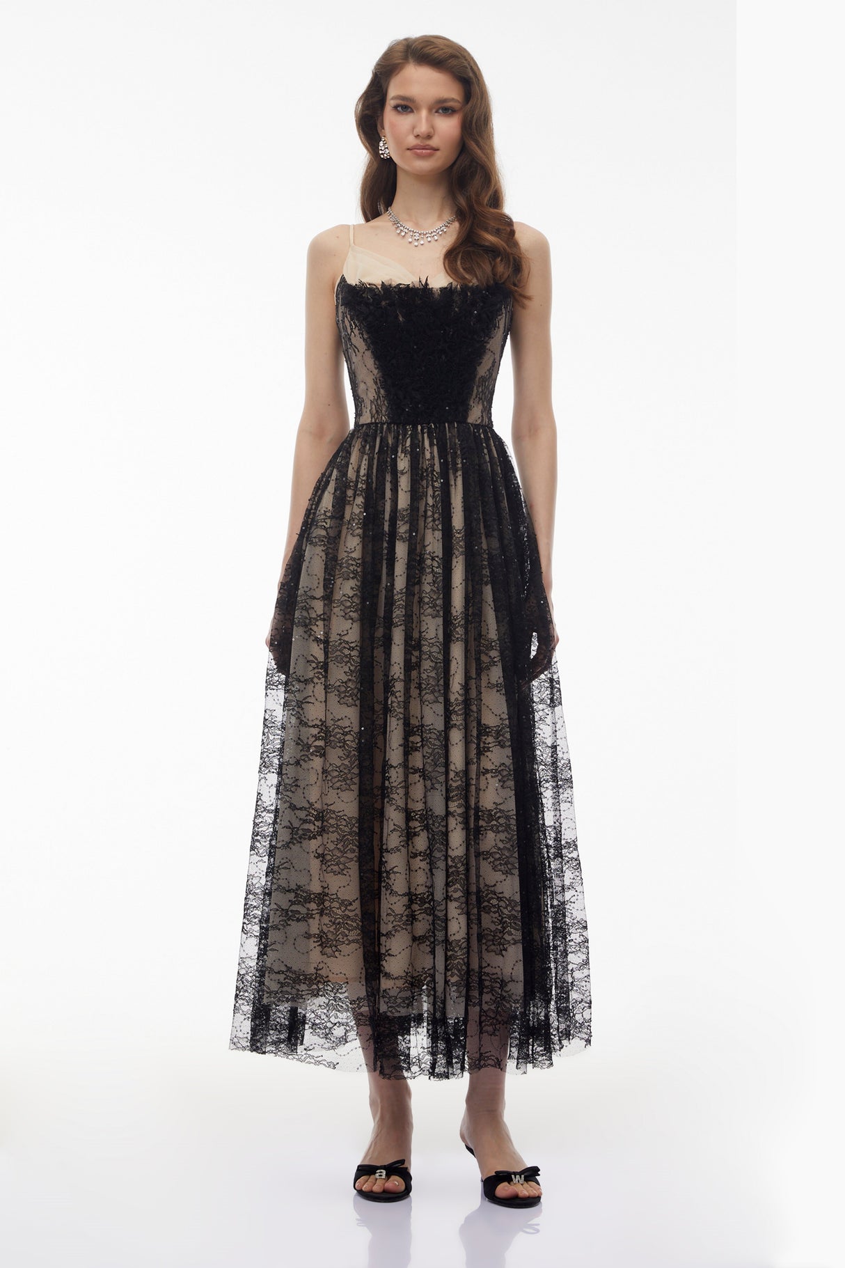 Aurohaya Severine Black Floral Lace Tulle Maxi Dress