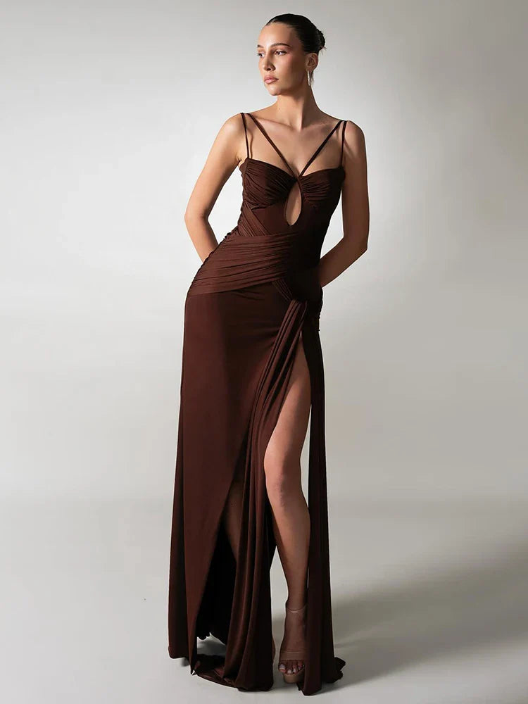 Aurohaya Paloma Multi-Strap Cut-Out Maxi Dress Brown