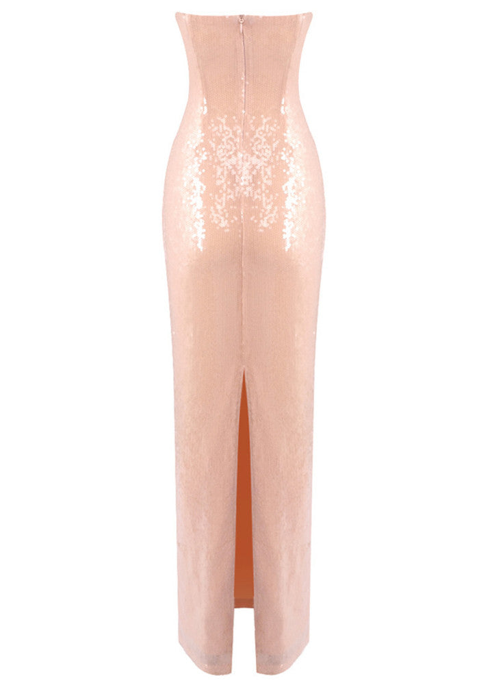 Strapless Shell Bustier Sequin Maxi Dress Coral Pink