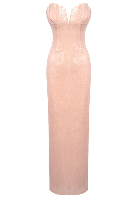 Strapless Shell Bustier Sequin Maxi Dress Coral Pink