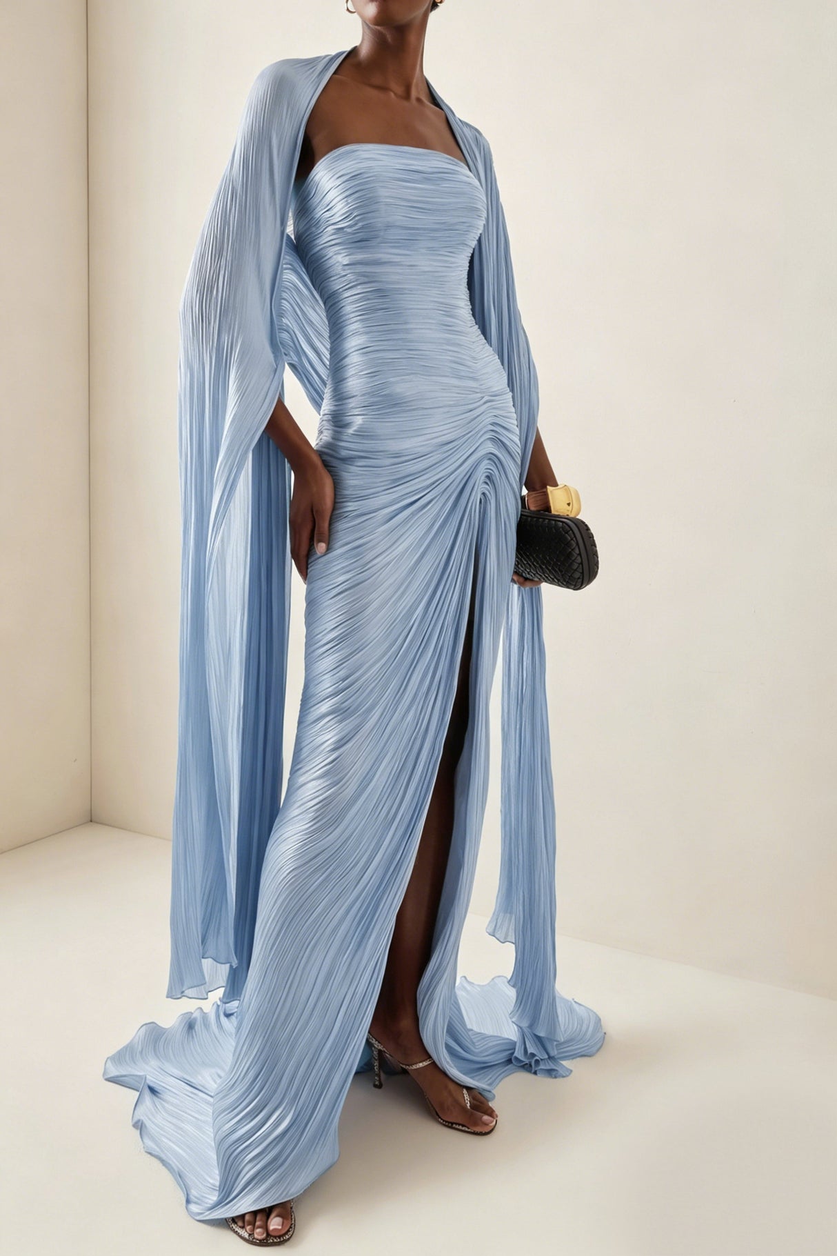 Aurohaya Shifra Blue Asymmetrical Cape Maxi Dress