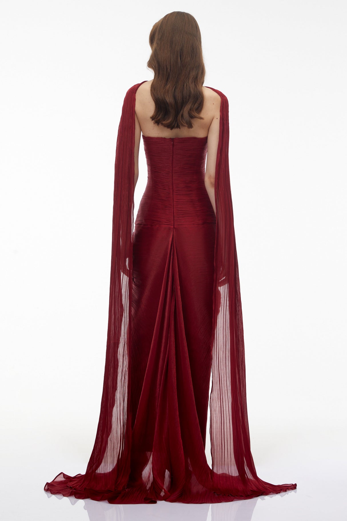 Aurohaya Shifra Burgundy Asymmetrical Cape Maxi Dress