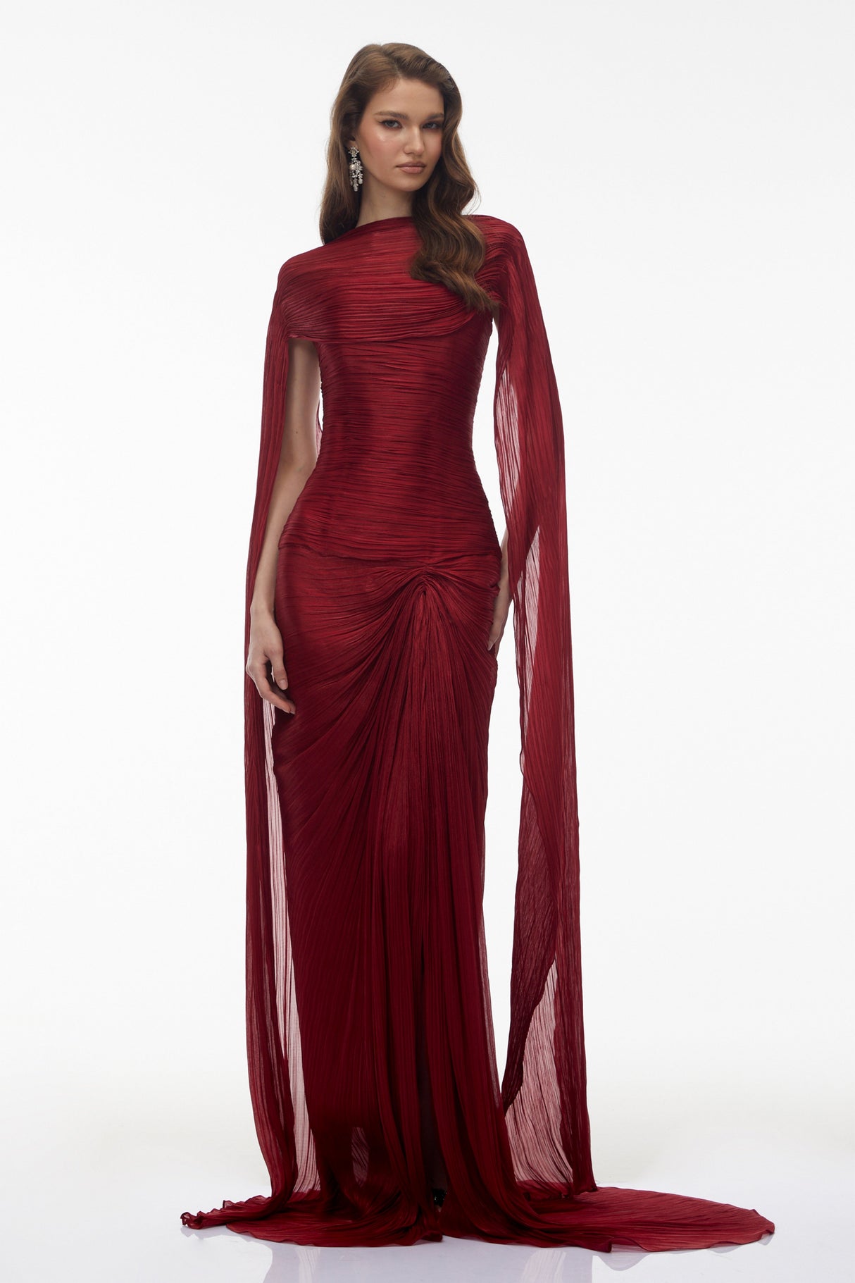 Aurohaya Shifra Burgundy Asymmetrical Cape Maxi Dress
