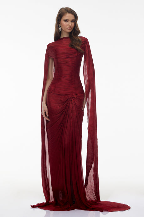 Aurohaya Shifra Burgundy Asymmetrical Cape Maxi Dress