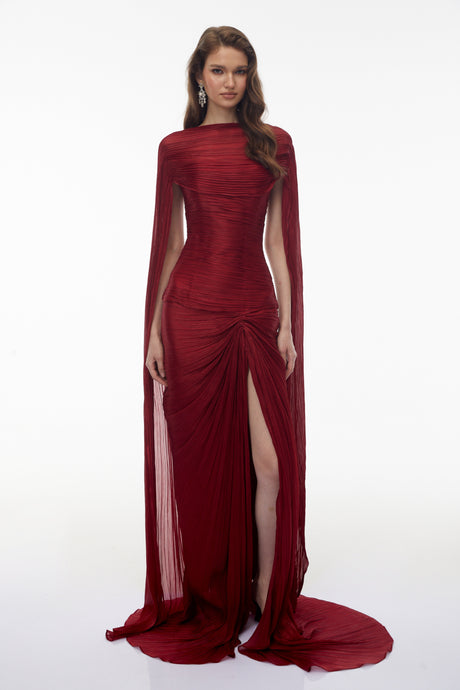 Aurohaya Shifra Burgundy Asymmetrical Cape Maxi Dress
