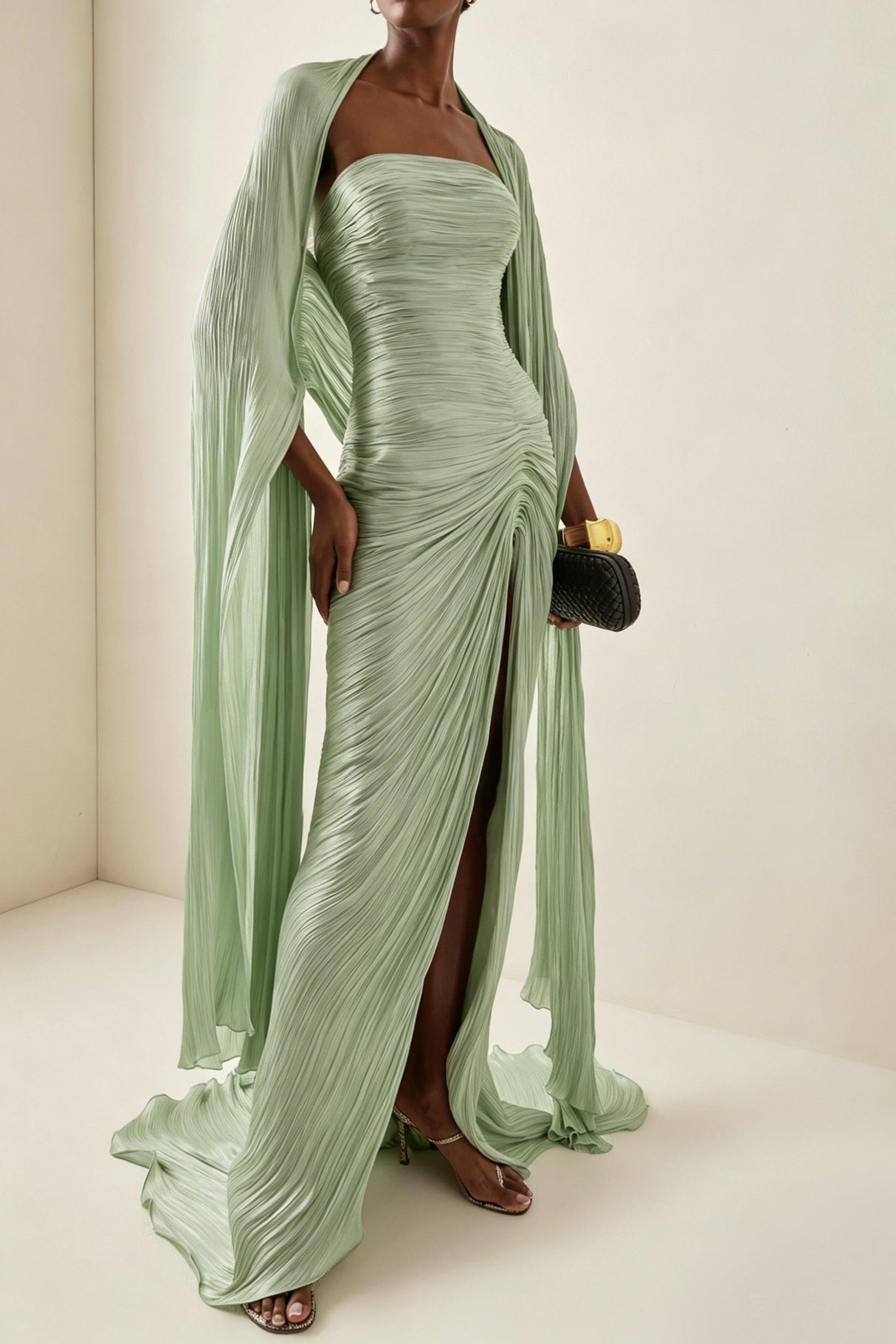 Aurohaya Shifra Green Asymmetrical Cape Maxi Dress