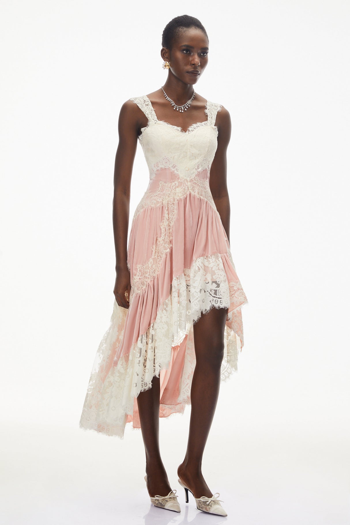 Aurohaya Shira Pink Color Block Maxi Dress with Lace Panels