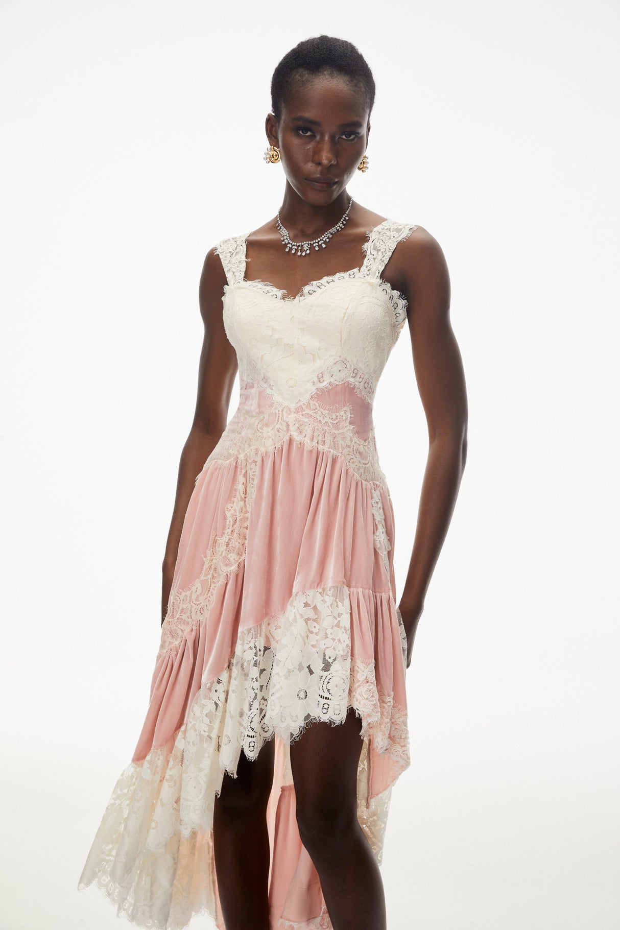 Aurohaya Shira Pink Color Block Maxi Dress with Lace Panels