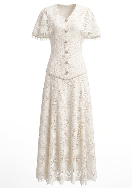 Short Sleeve Corset A Line Crochet Maxi Dress Ivory