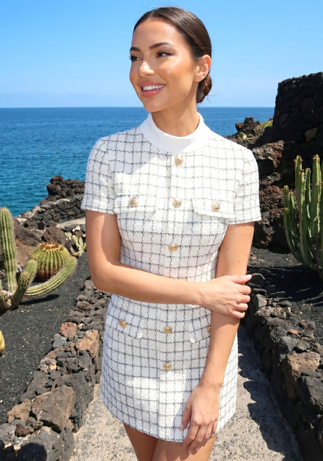 Short Sleeve Button Detail Dress White