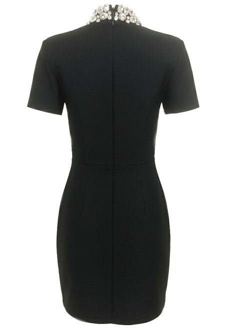 Short Sleeve Crystal Neck Dress Black