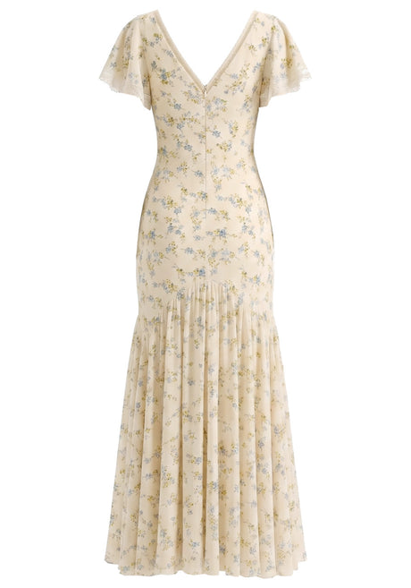 Short Sleeve Floral Lace Detail Ruffle Maxi Dress Yellow
