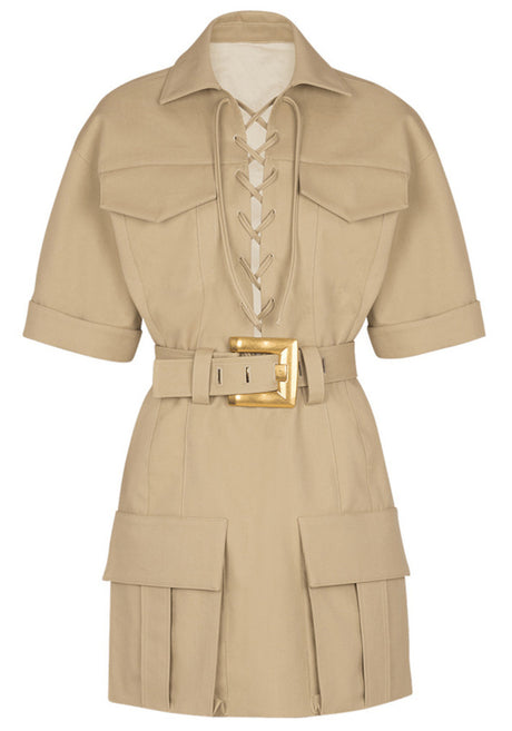 Short Sleeve Lace Up Detail Dress Camel