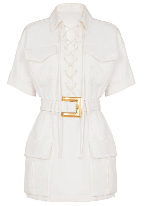 Short Sleeve Lace Up Detail Dress White