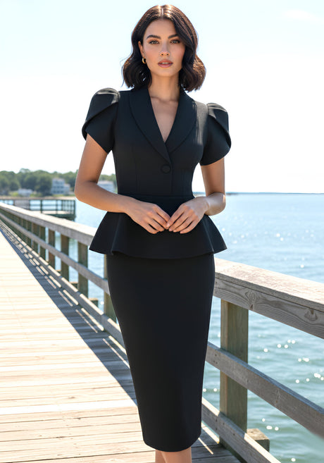 Short Sleeve Peplum Midi Dress Black