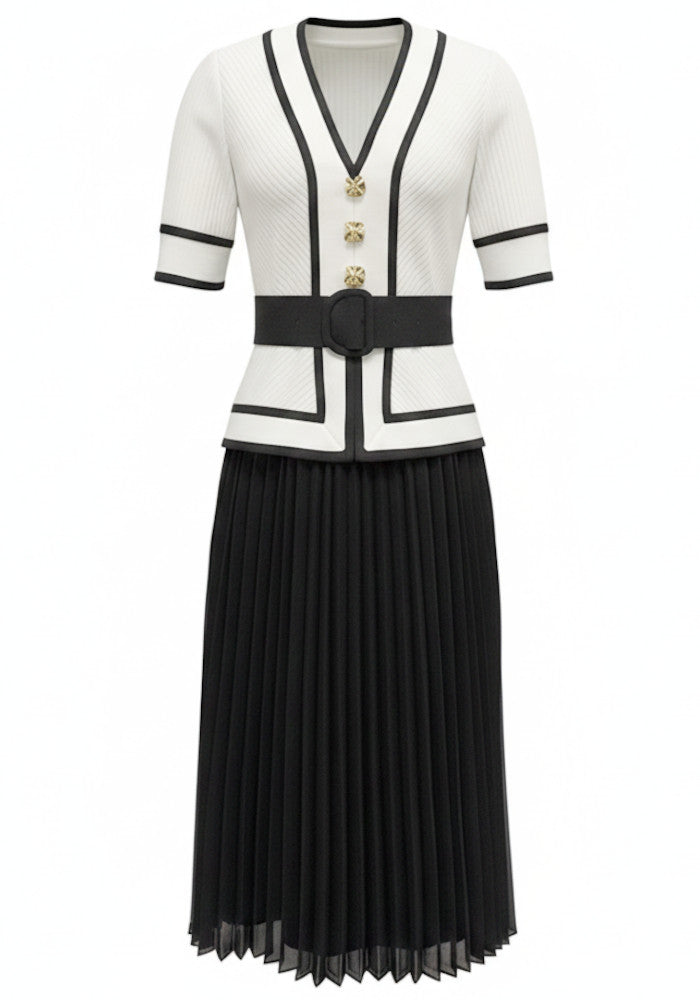Short Sleeve Pleated Midi Dress Black White