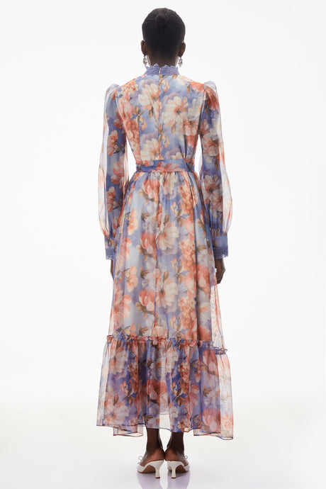 Aurohaya Sibyl Blue Floral Print Lace Trim Maxi Dress