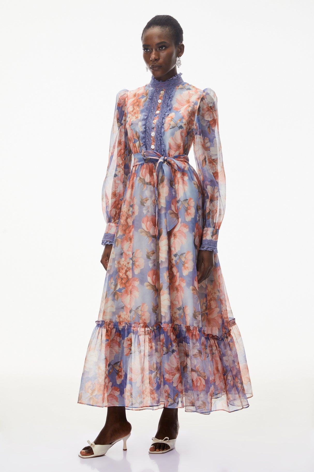 Aurohaya Sibyl Blue Floral Print Lace Trim Maxi Dress