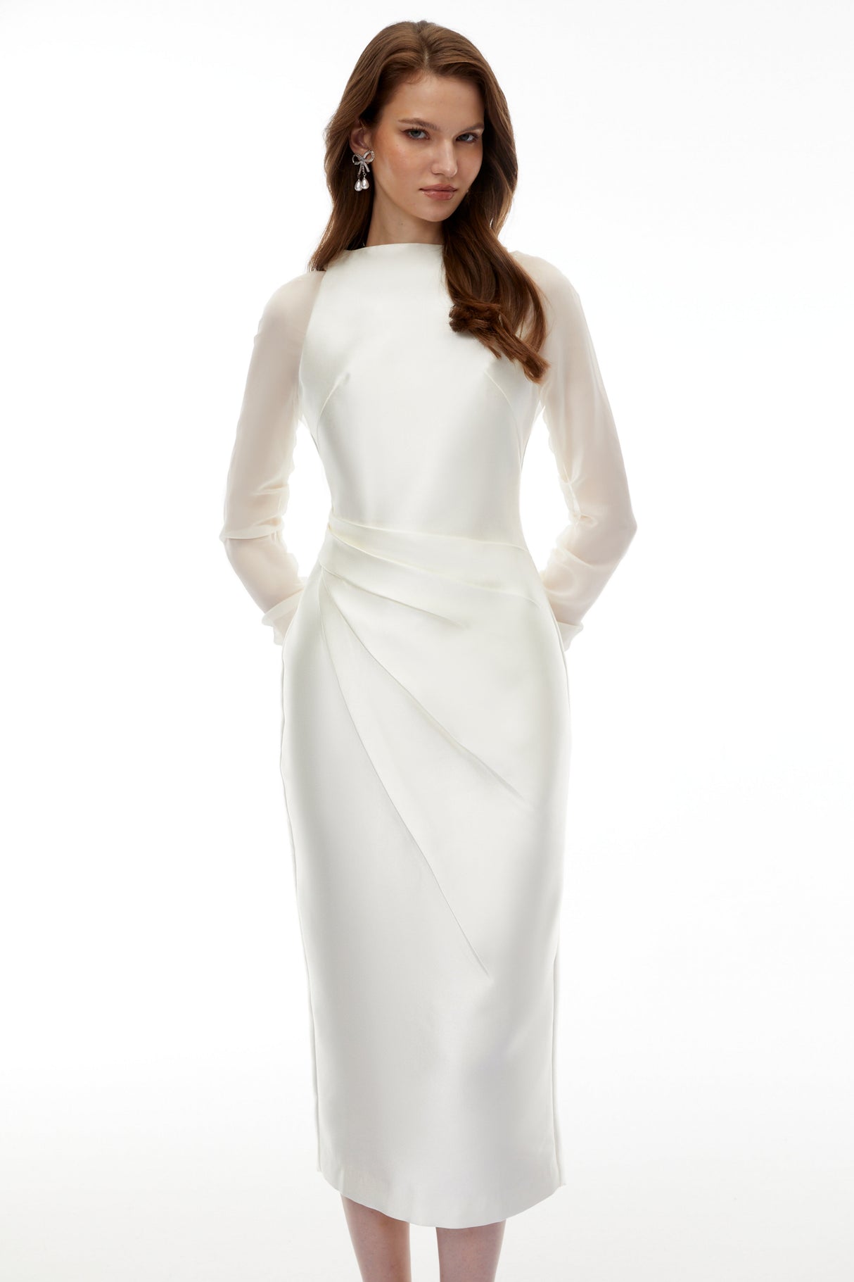 Aurohaya Sienna White Satin Midi Dress with Chiffon Panels