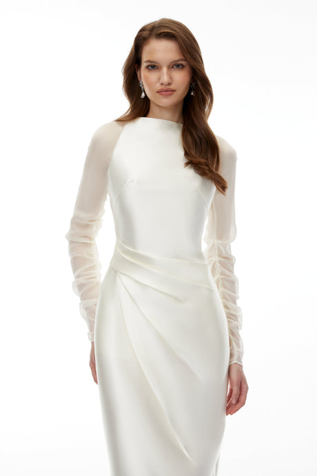 Aurohaya Sienna White Satin Midi Dress with Chiffon Panels