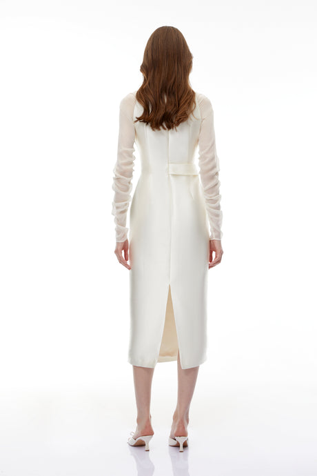 Aurohaya Sienna White Satin Midi Dress with Chiffon Panels