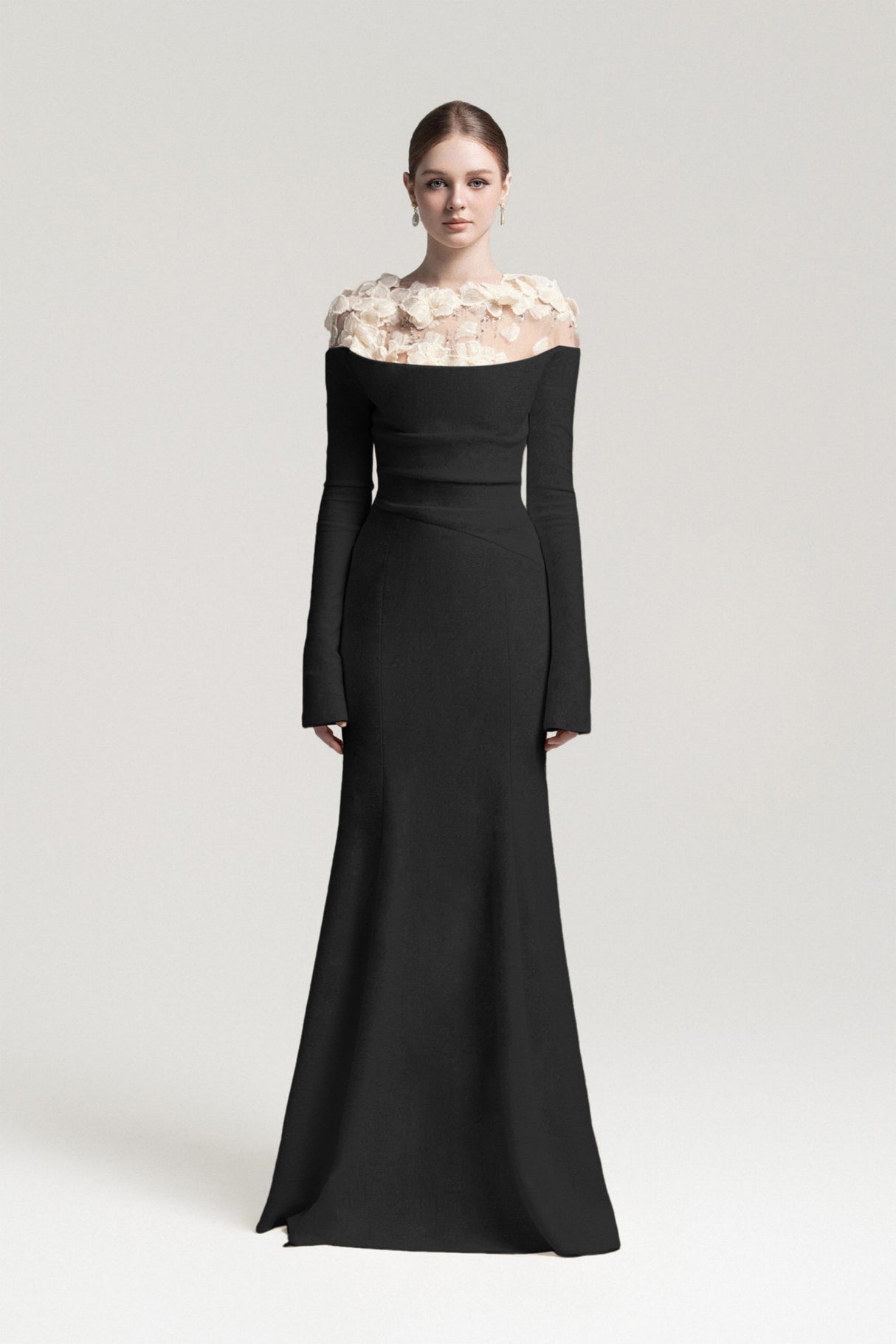 Aurohaya Silvia Black Floral Appliqué Off-Shoulder Gown