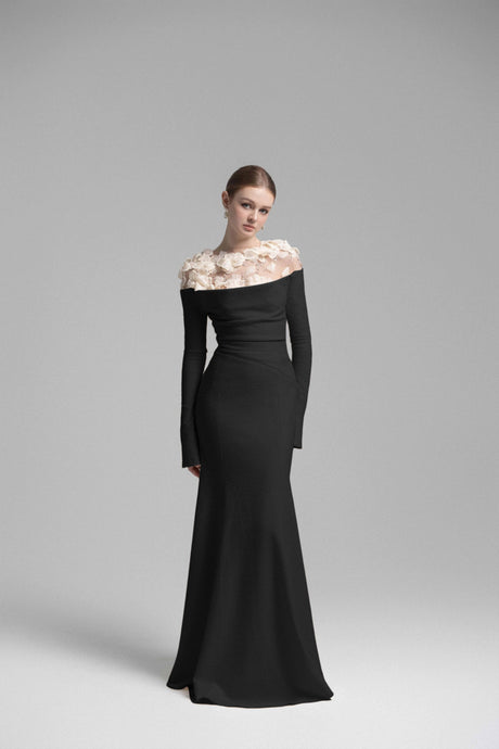 Aurohaya Silvia Black Floral Appliqué Off-Shoulder Gown
