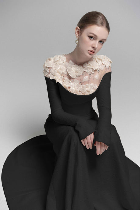 Aurohaya Silvia Black Floral Appliqué Off-Shoulder Gown