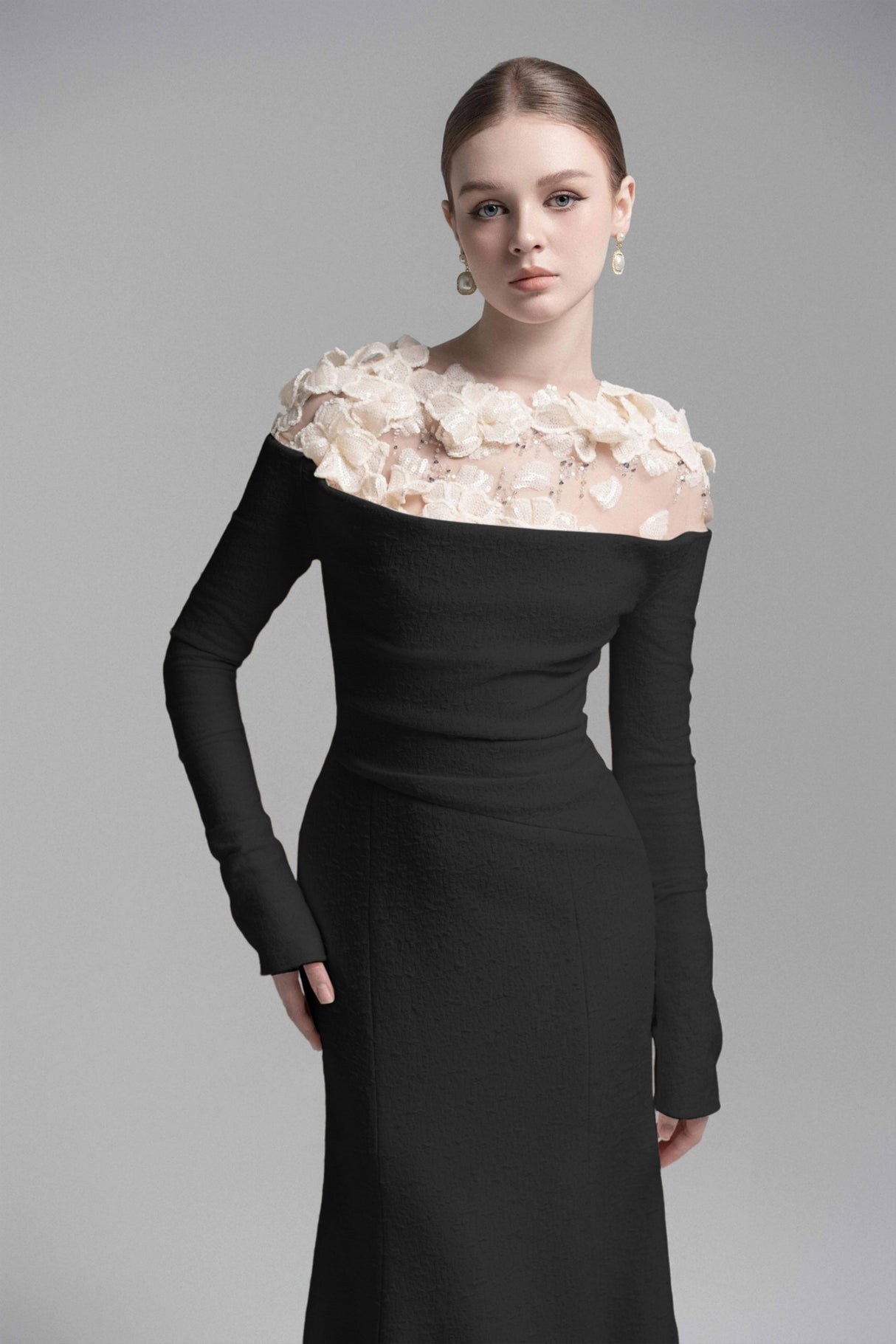 Aurohaya Silvia Black Floral Appliqué Off-Shoulder Gown