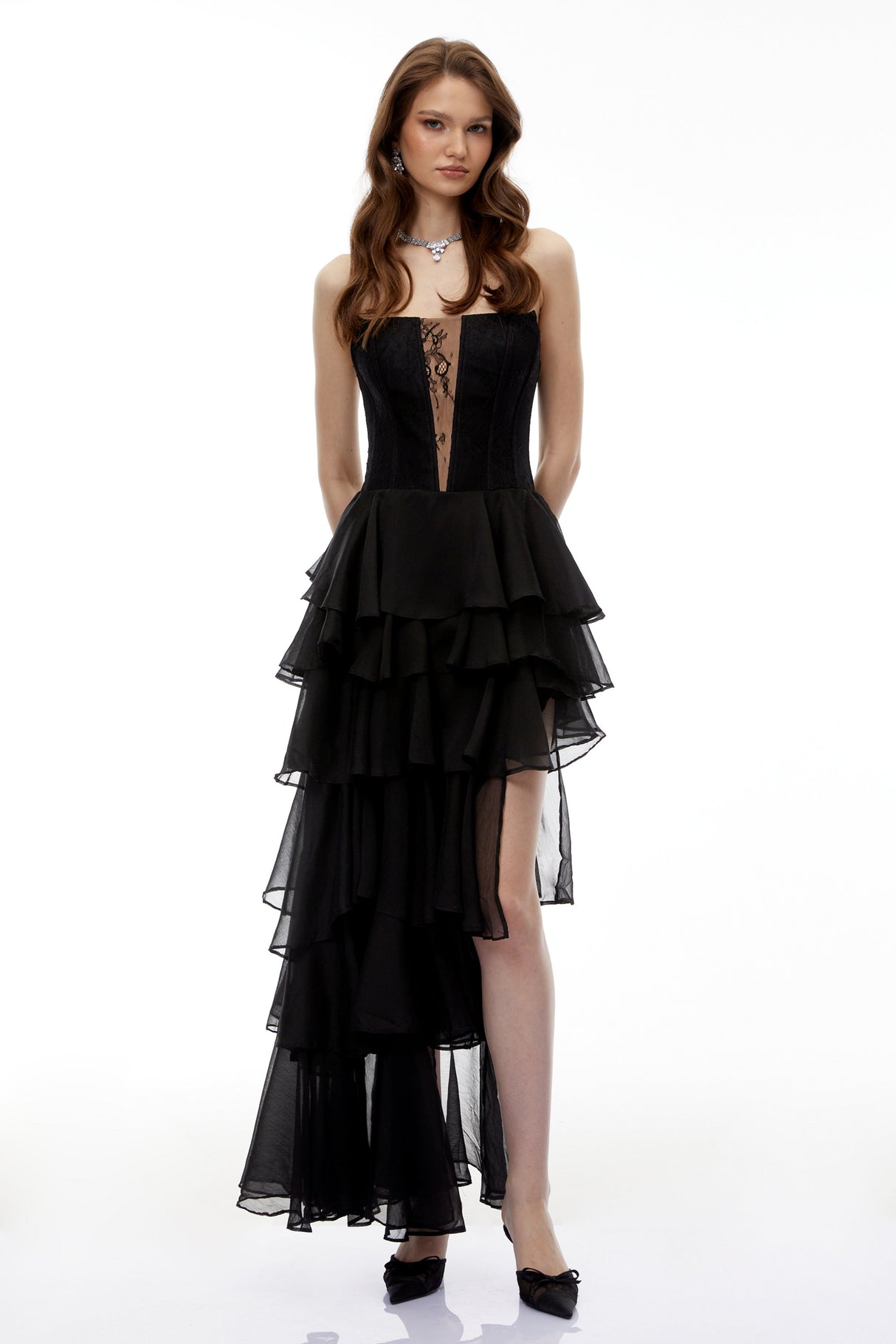 Aurohaya Simone Black Tulle Maxi Dress with Cut-Outs