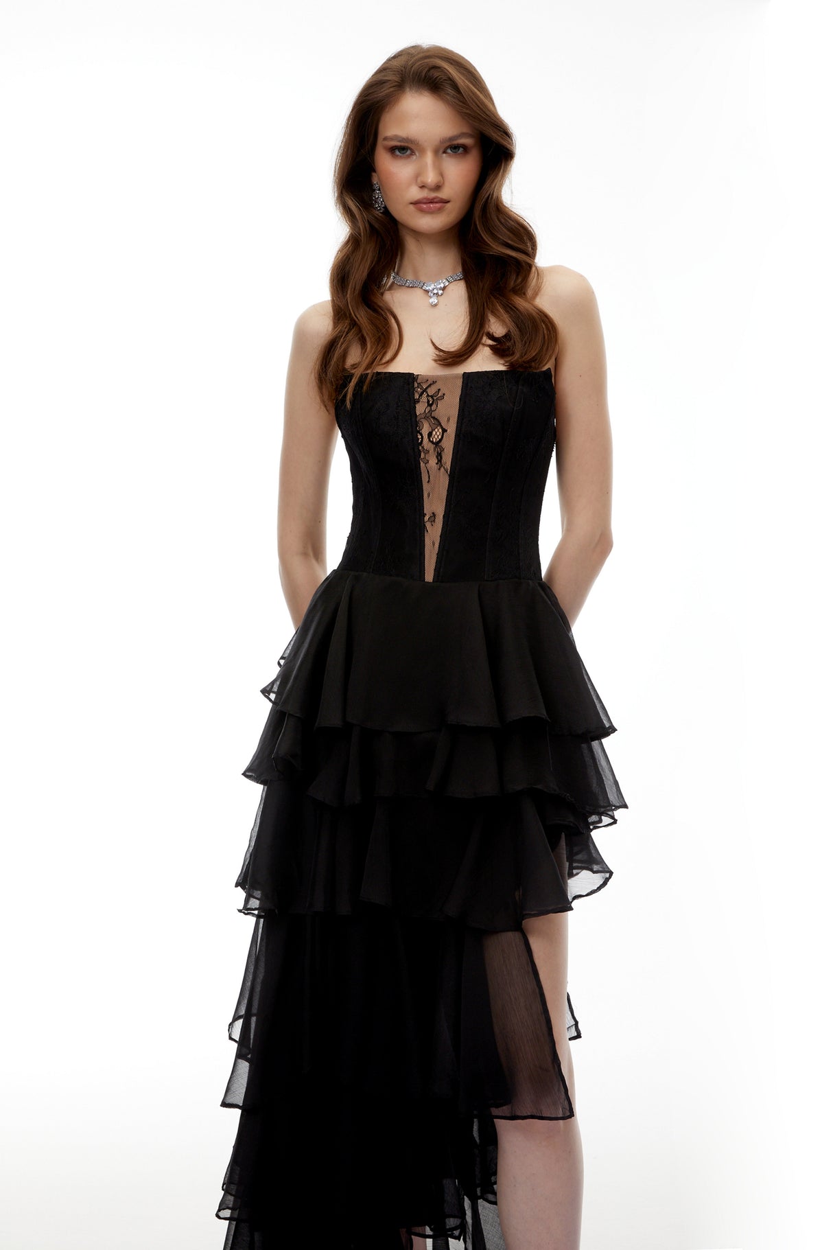 Aurohaya Simone Black Tulle Maxi Dress with Cut-Outs