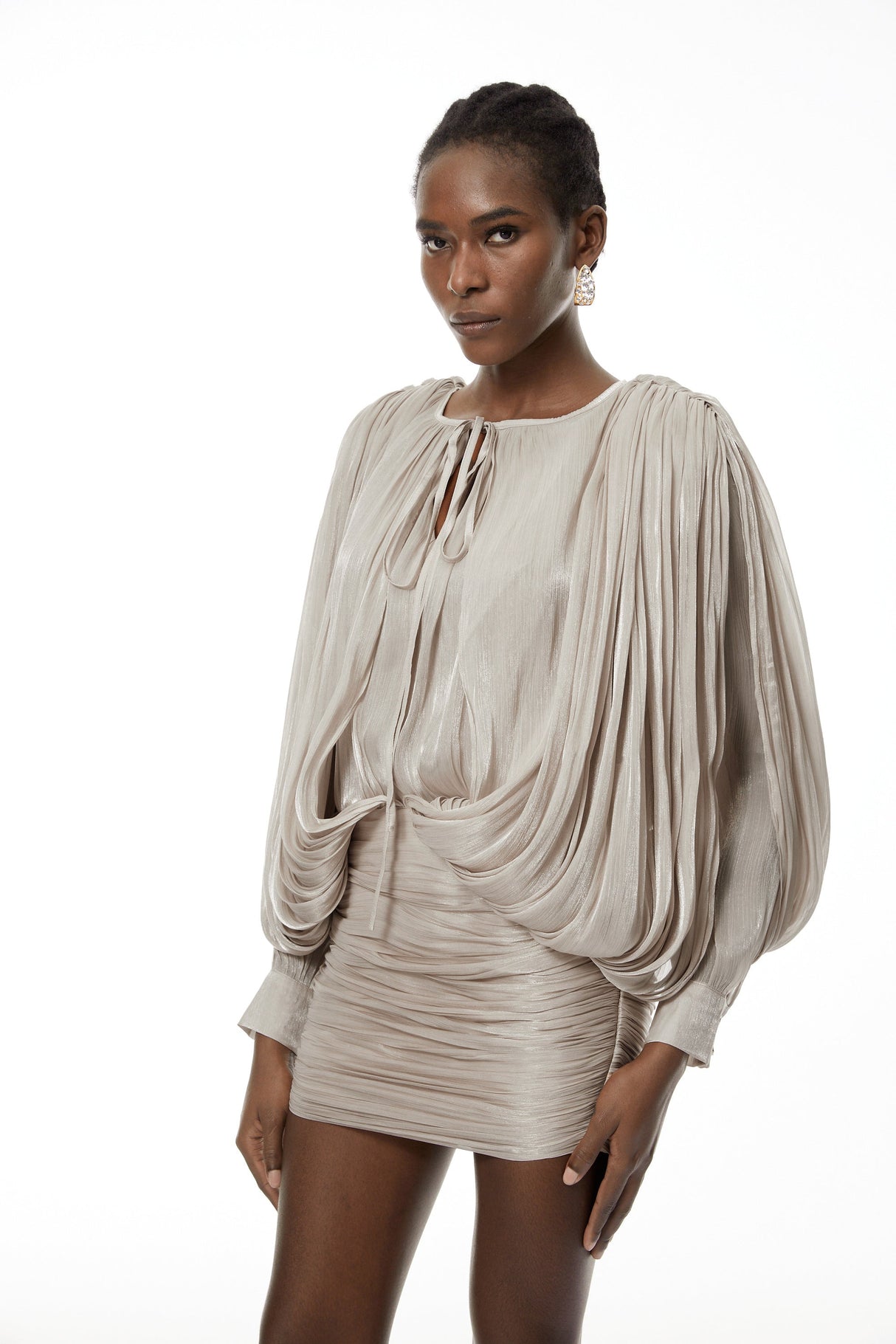 Aurohaya Lumi Neutrals Fully Pleated Mini Dress