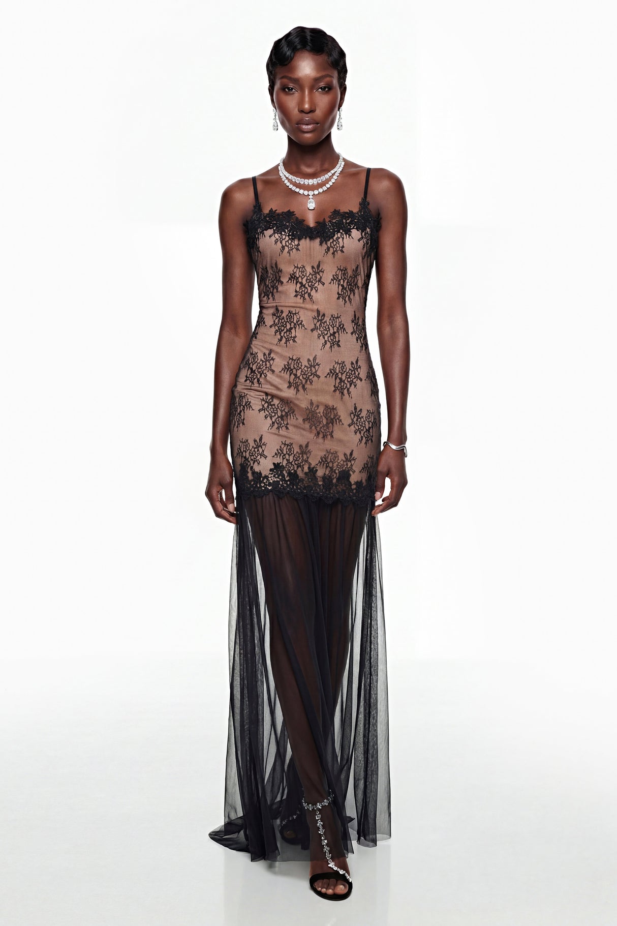 Aurohaya Sisanda Black Tulle Maxi Dress with Lace Panels