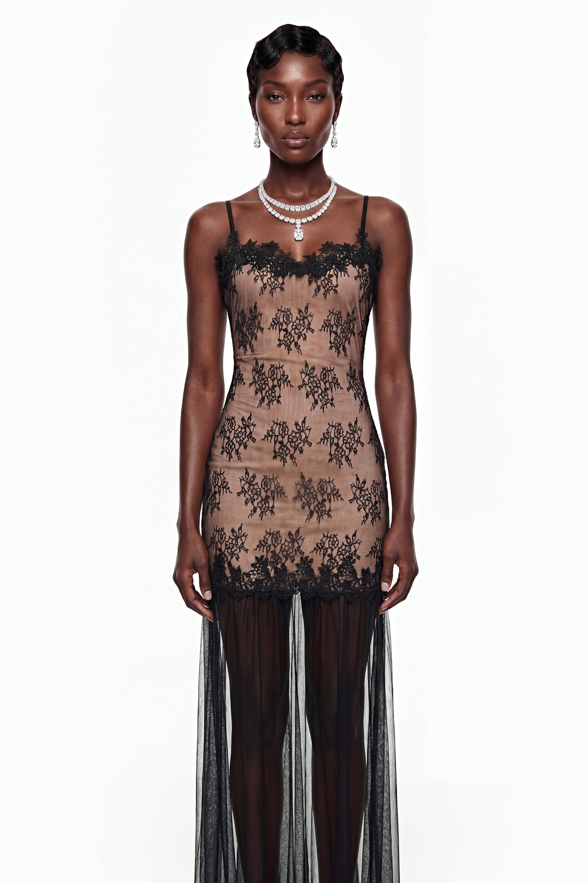 Aurohaya Sisanda Black Tulle Maxi Dress with Lace Panels