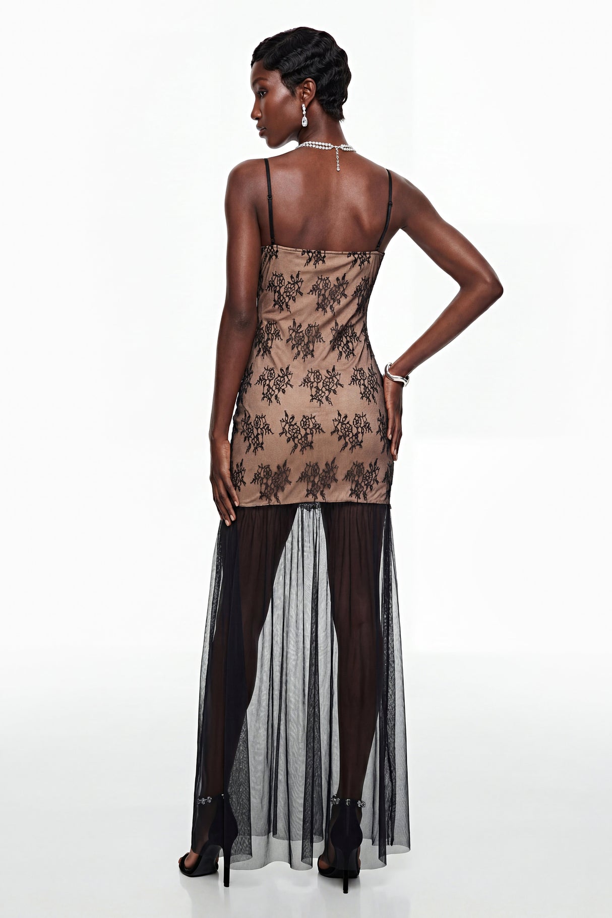 Aurohaya Sisanda Black Tulle Maxi Dress with Lace Panels