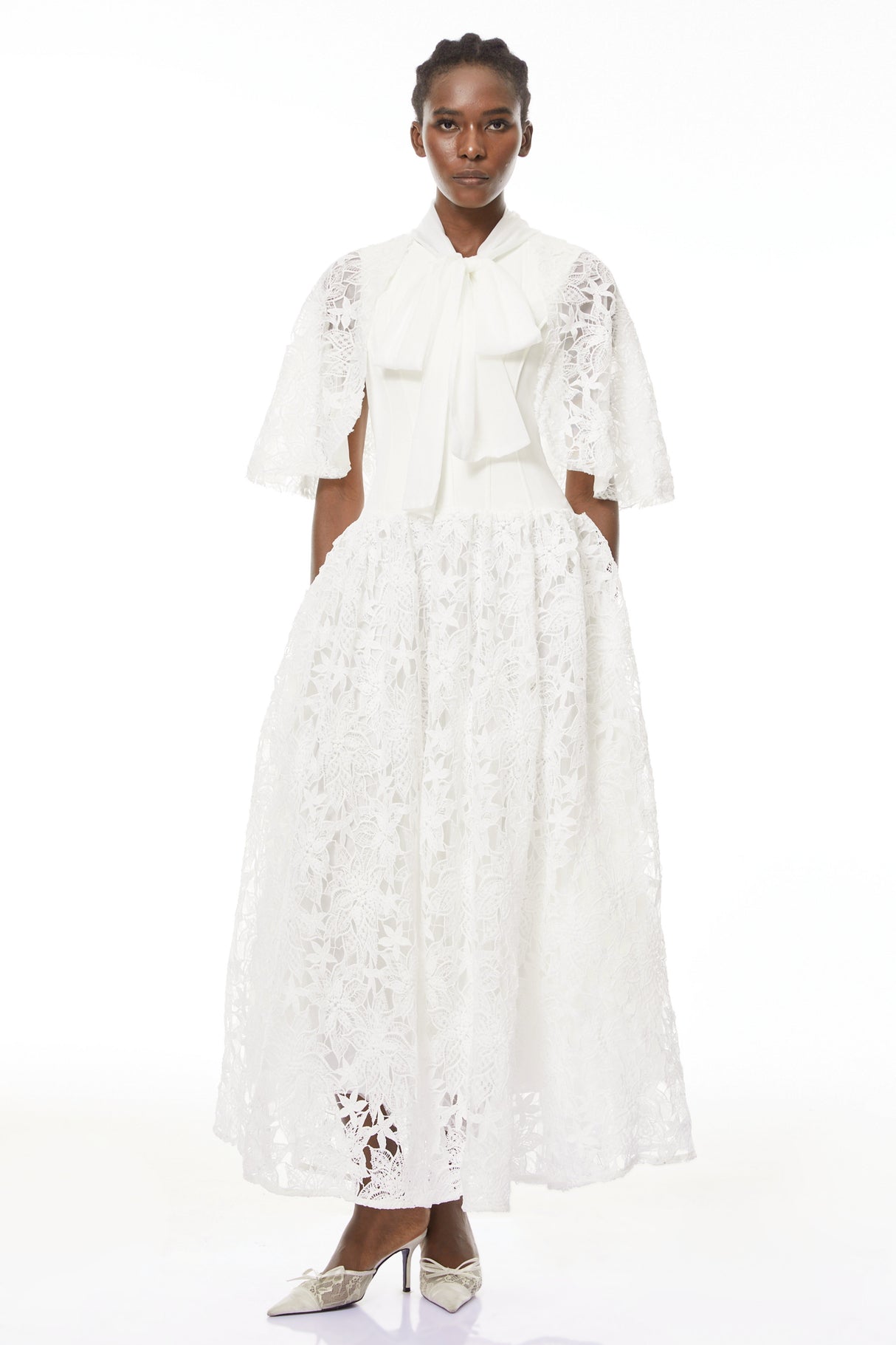 Aurohaya Sissel White Floral Lace Maxi Dress with Self-Tie