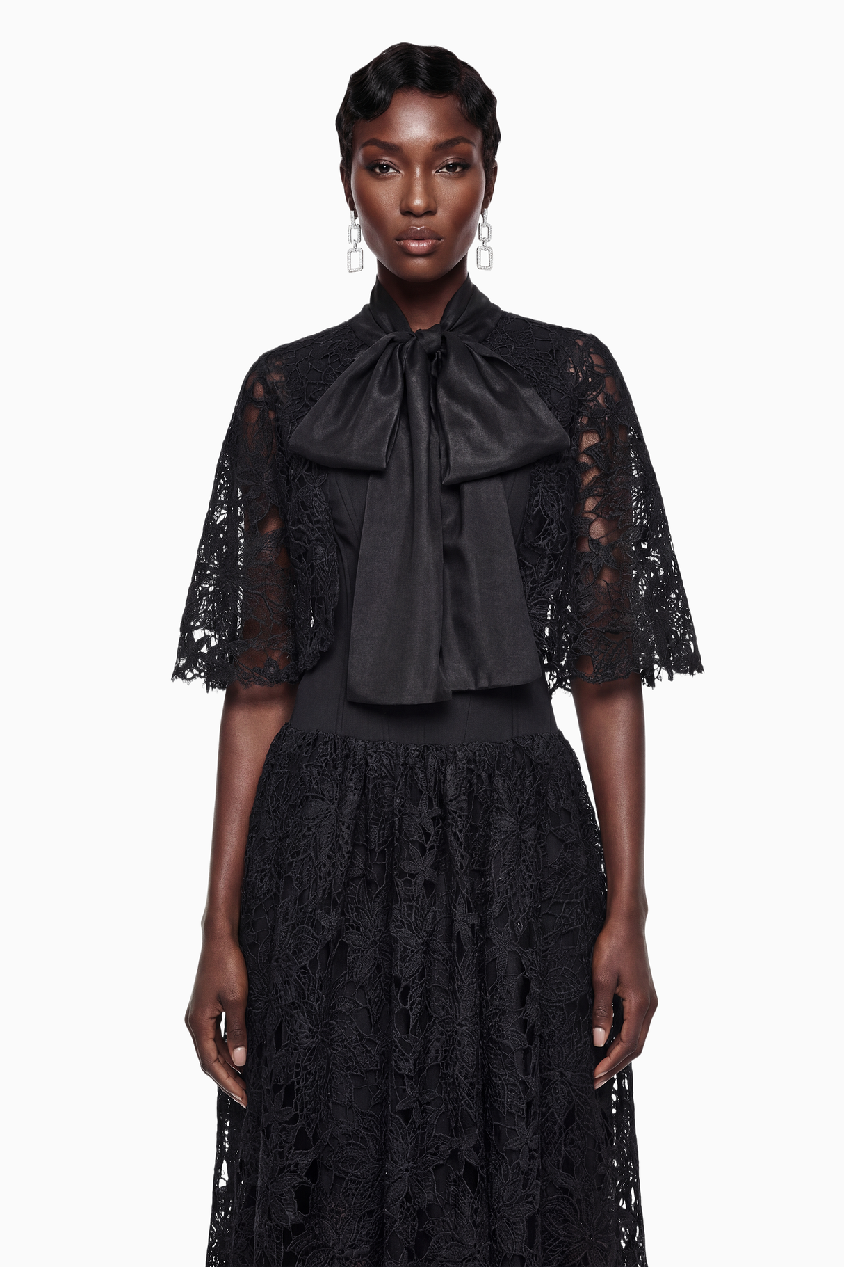 Aurohaya Sissel Black Floral Lace Maxi Dress with Self-Tie