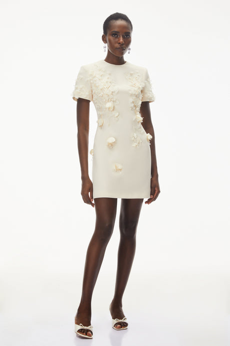 Aurohaya Skye Ivory Round Neck Mini Dress with Floral Applique