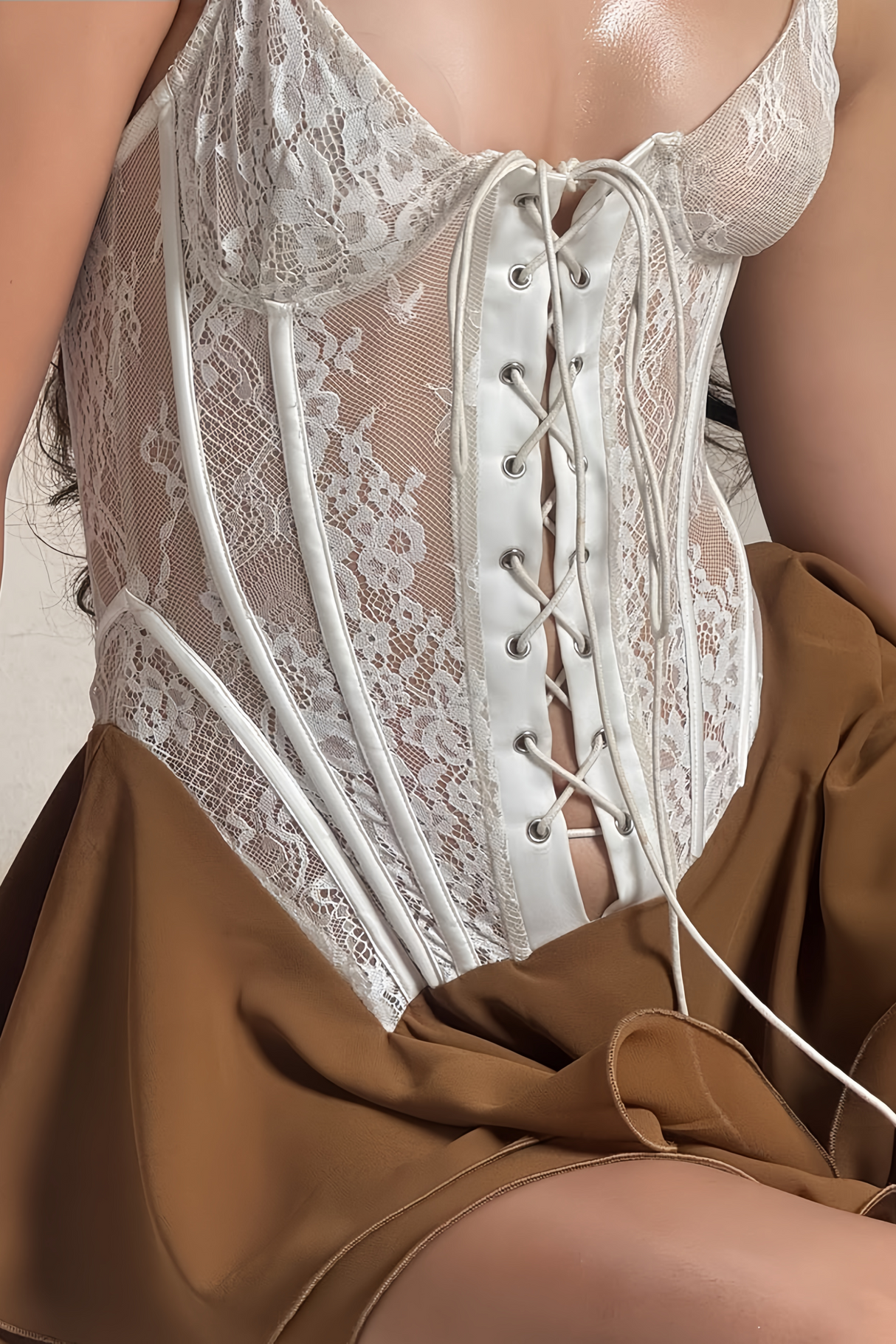 Aurohaya Jacinthe Brown Lace Up Bustier Mini Dress