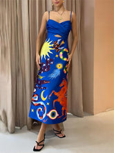Aurohaya Summer Sexy Satin Backless Printed Sleeveless Midi Dress Blue