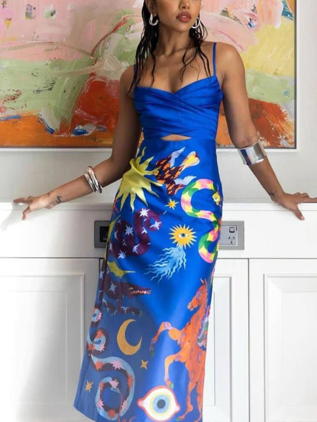 Aurohaya Summer Sexy Satin Backless Printed Sleeveless Midi Dress