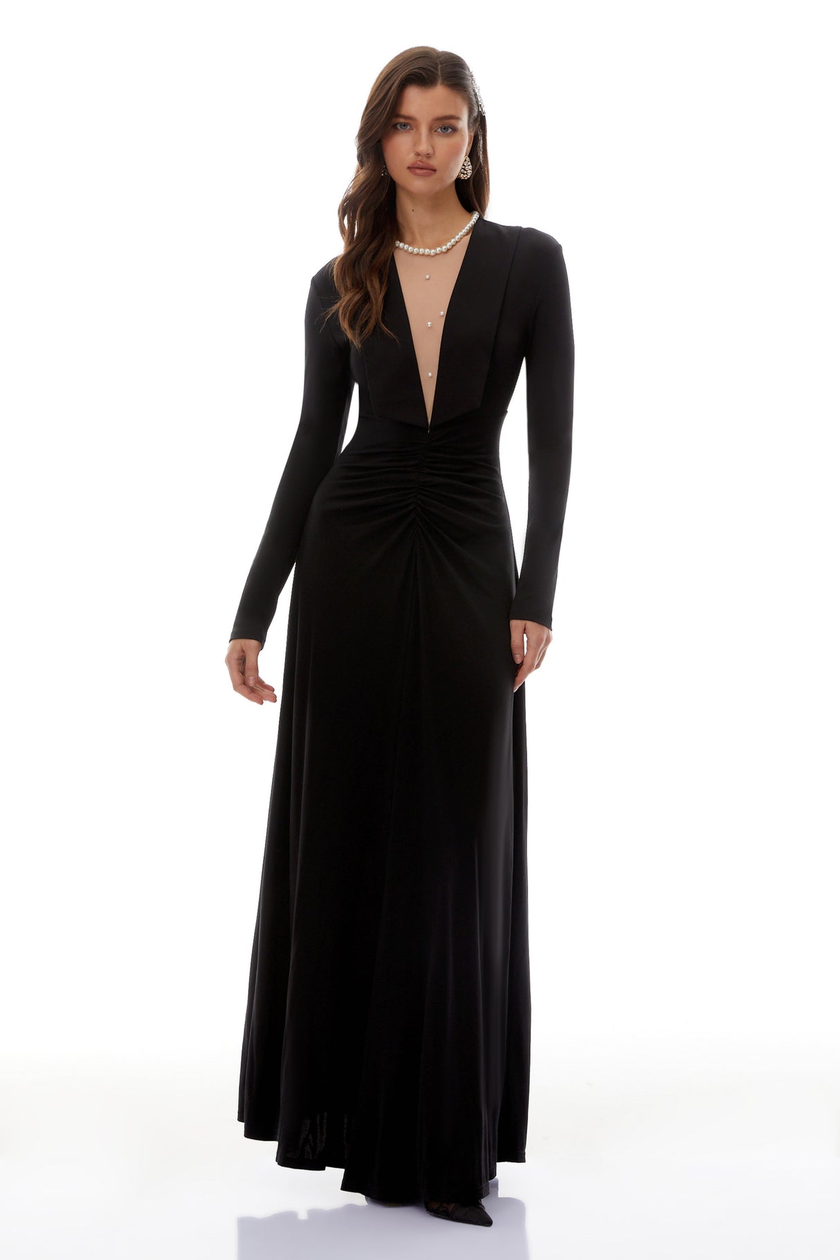 Aurohaya Sofia Black Cinched Waist Ruched Maxi Dress