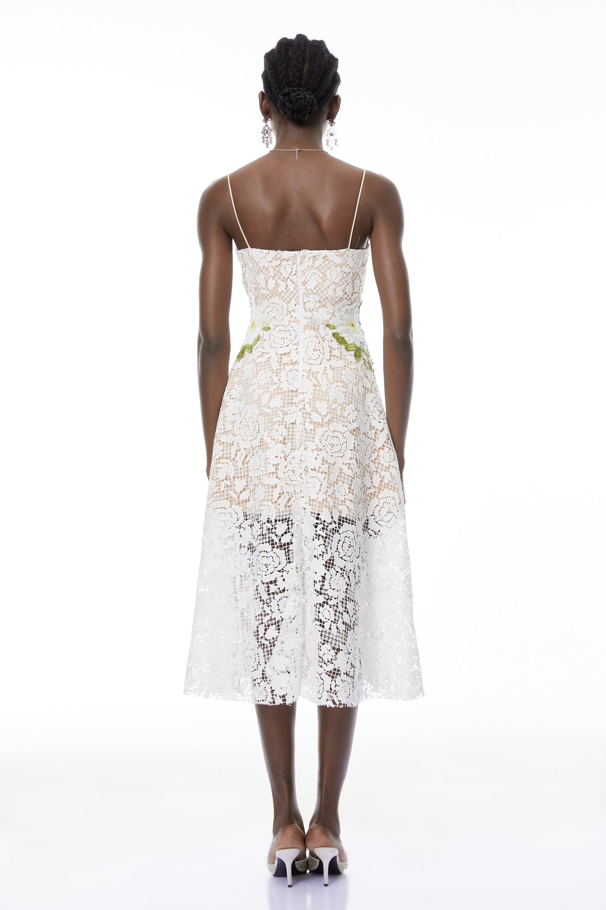 Aurohaya Solea White Floral Embroidered Lace Midi Dress