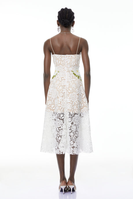 Aurohaya Solea White Floral Embroidered Lace Midi Dress