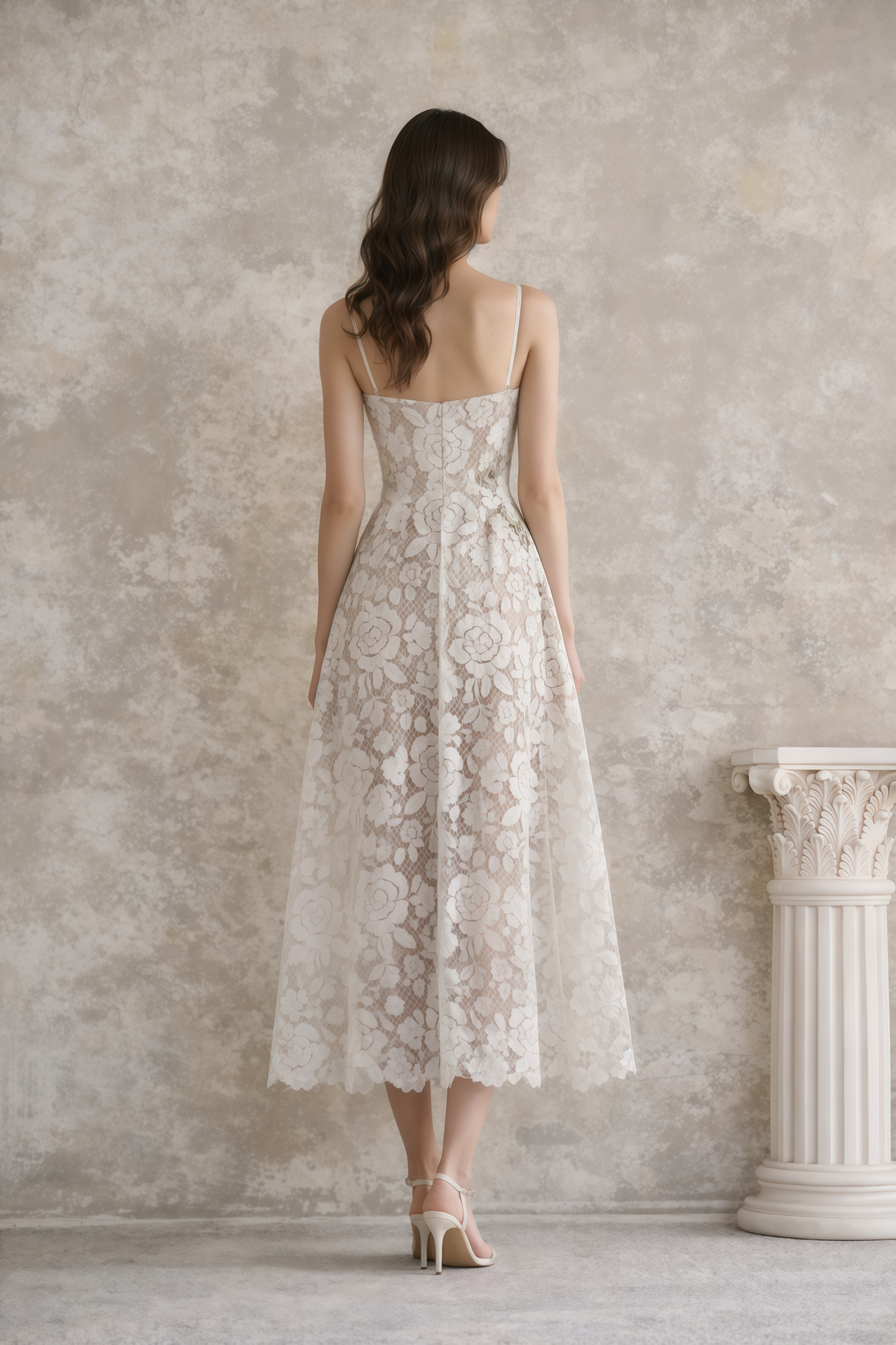 Aurohaya Solea White Floral Embroidered Lace Midi Dress