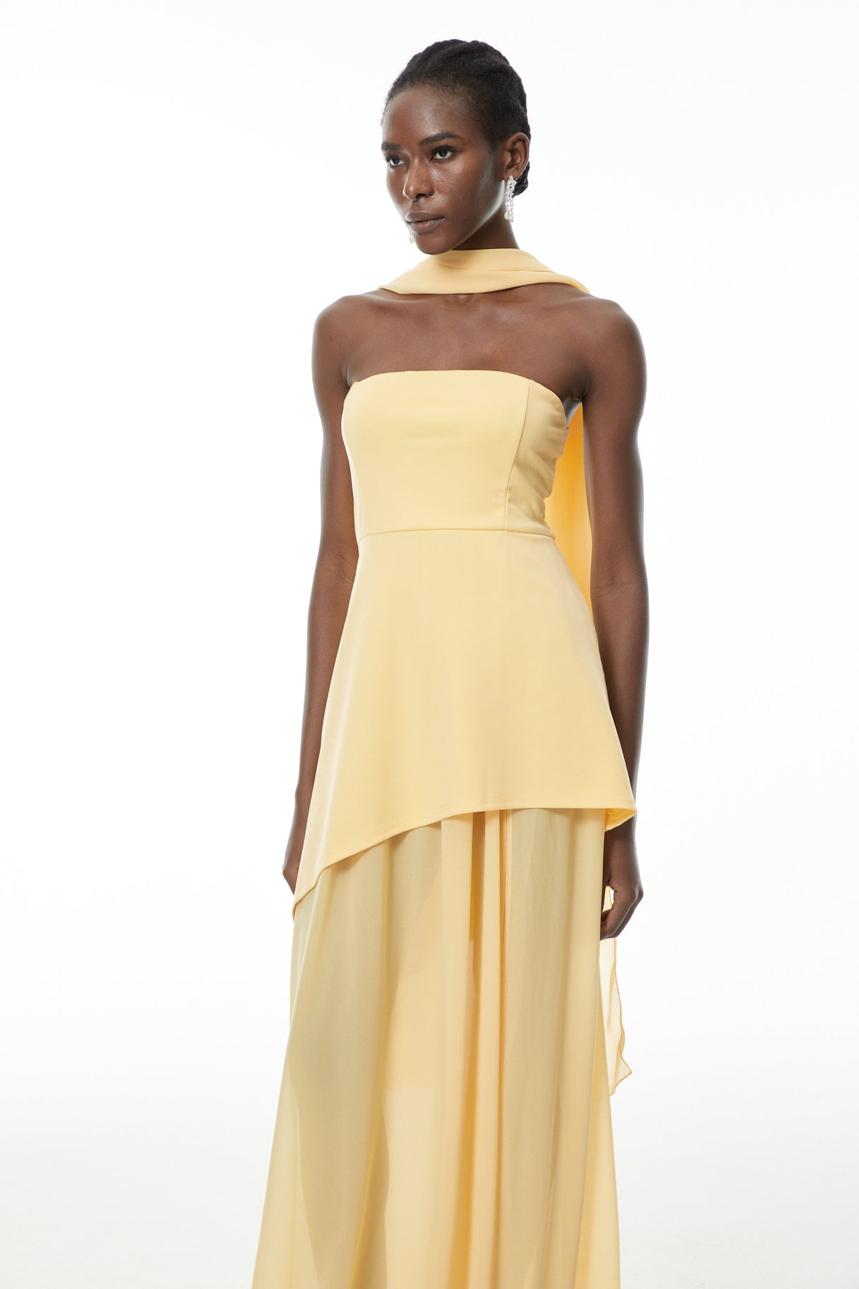 Aurohaya Solène Yellow Off-Shoulder Ruched Maxi Gown