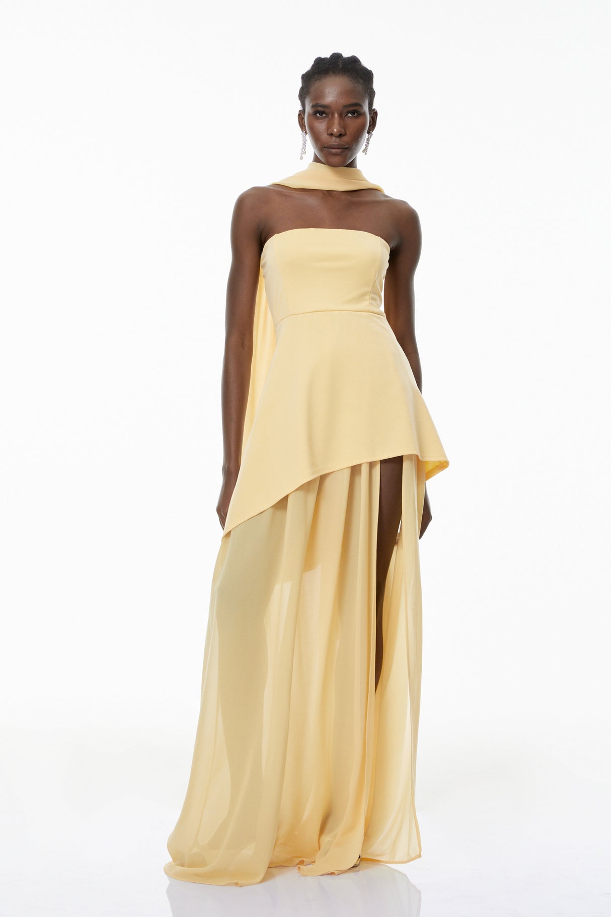 Aurohaya Solène Yellow Off-Shoulder Ruched Maxi Gown